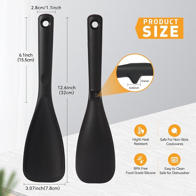 Multifunction Cooking Spoons for Nonstick Cookware, Seamless Design Silicone Spatula Spoon for Mixing, Scoop and Scrape, Dishwasher Safe, 2 Pack, Black