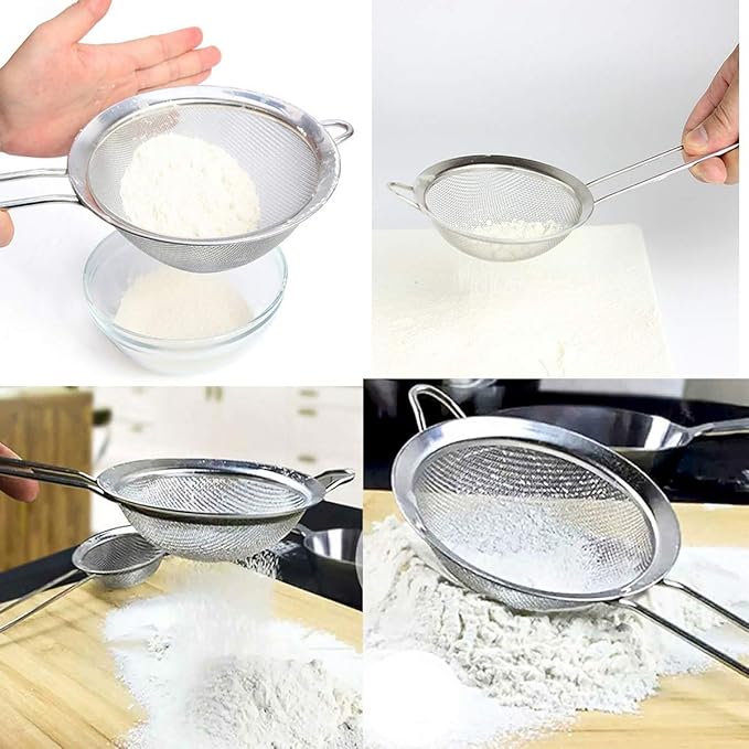 Strainers Fine Mesh Sieve Stainless Steel Flour Sifter Fine Mesh Strainer for Kitchen Hand-held Oil Spoon Seives with Handle Diameter 10cm (3.9")
