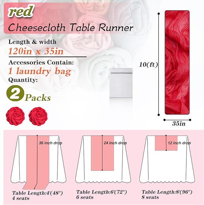 Red Cheesecloth Table Runner 2 Pack 35" Boho Gauze Table Runner 120 inches Long Runner Rustic Sheer Fabric Bulk for Baby Shower Wedding Bridal Birthday Party Table Decorations