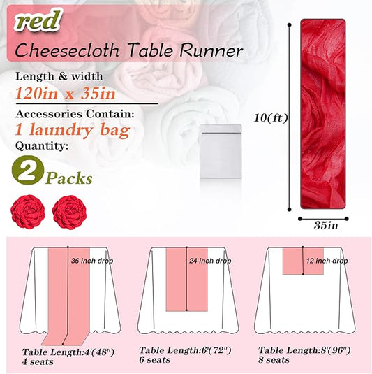 Red Cheesecloth Table Runner 2 Pack 35" Boho Gauze Table Runner 120 inches Long Runner Rustic Sheer Fabric Bulk for Baby Shower Wedding Bridal Birthday Party Table Decorations