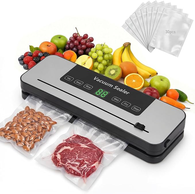 Vacuum Sealer Machine for Food with 30 Storage Bags, Built-in Cutter, 6-in-1 Automatic Sealing Machine for Seal a Meal, Wet & Dry Food Prep, Compact Heat Sealer for Freezer Preservation