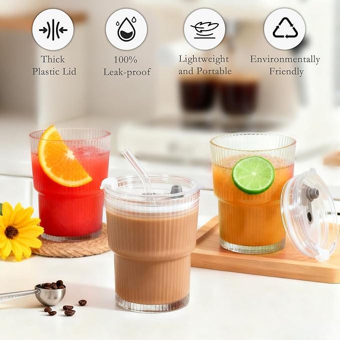 13oz Glass Tumbler with Lids and Straws Ribbed Drinking Glasses Cup Leak Proof Iced Coffee Glass Set of 4 for Soda Smoothie Juice(Clear*4)