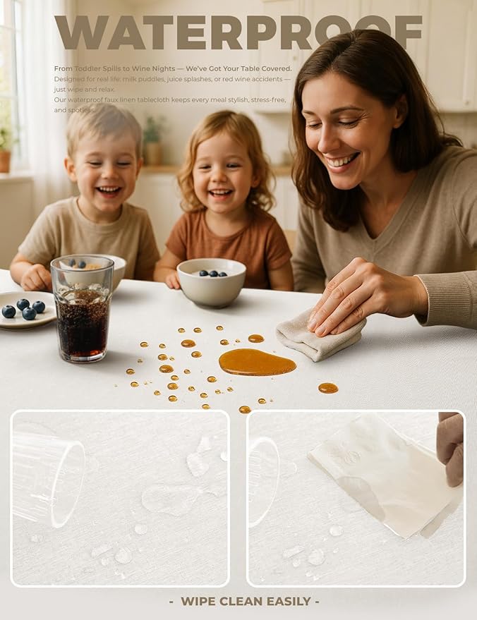 Faux Linen Waterproof Tablecloth,Ivory,84" x 60" (Rectangular)
