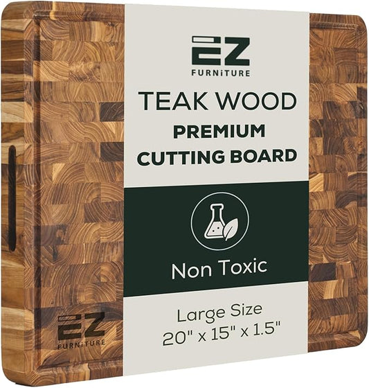 EZ FURNITURE Large (L) Teak Wood Premium Cutting & Serving Board, End Grain with Juice Groove & Handles, Knife Friendly for Chopping, Non-Toxic (20" x 15" x 1.5", 11.9 lbs)