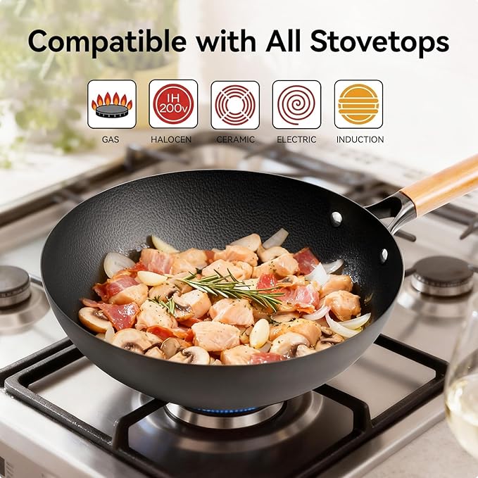 WANGYUANJI 12.6 Inch Wrought Iron Wok with Standable Glass Lid, Chemical-Free Flat Bottom Stir Fry Pan for Induction, Gas, and Electric Stoves