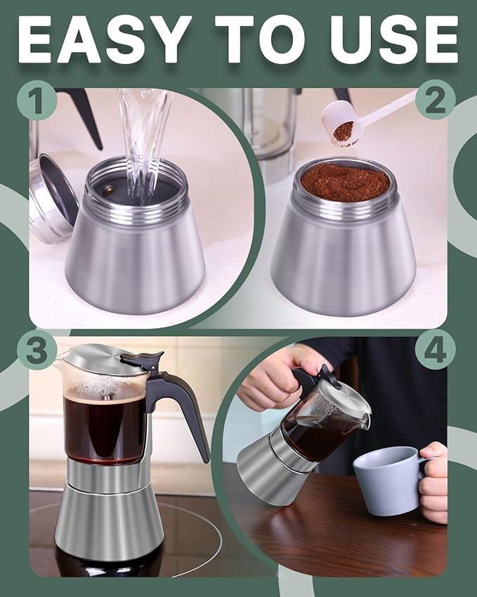 Grasseed Crystal Glass-Top Moka Pot, Brushed Stainless Steel Stovetop Espresso Maker for Italian Coffee - 6 Cup/240ml/8.4oz