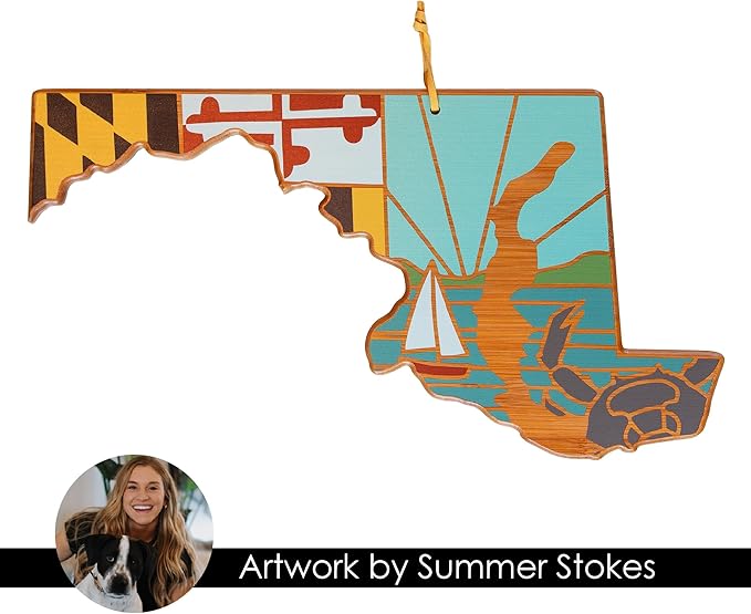 Totally Bamboo Maryland State Shaped Cutting Board and Charcuterie Serving Platter with Artwork by Summer Stokes, Includes Hang Tie for Wall Display