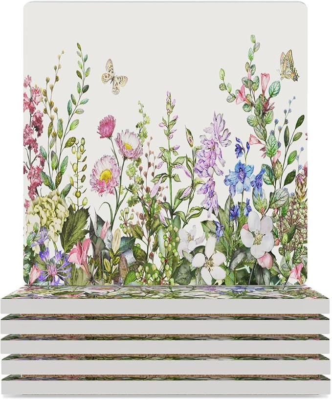 Square-6PCS Floral Ceramic Coasters, Square Absorbent Drink Coasters, Watercolour Flower Herb Nature Plant Floral Butterfly Ceramic Table Coasters for Coffee, Beverage, Wine, Beer Coasters