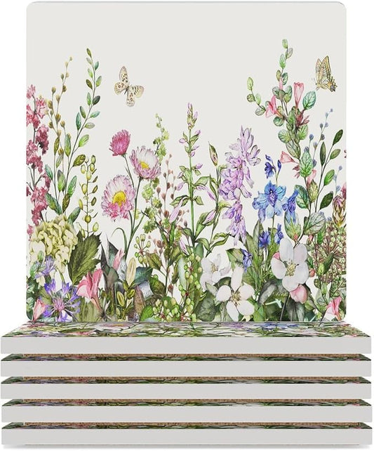Square-6PCS Floral Ceramic Coasters, Square Absorbent Drink Coasters, Watercolour Flower Herb Nature Plant Floral Butterfly Ceramic Table Coasters for Coffee, Beverage, Wine, Beer Coasters