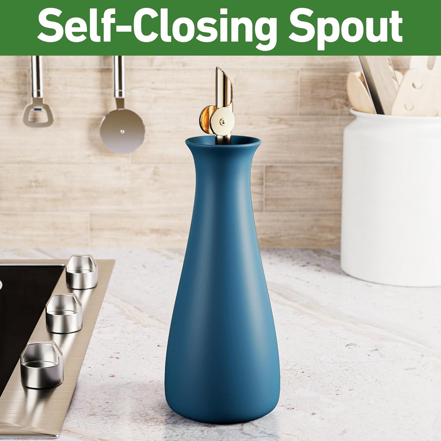 Ceramic Olive Oil Dispenser with Self-Closing Gold Spout - 530 ML Capacity Matte Blue Ceramic Oil Dispenser for Kitchen - Leak Proof EVOO Dispensing Bottle - Stylish, Ergonomic, Durable, Easy Pour