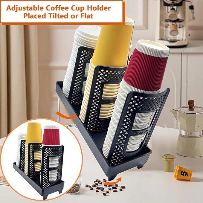 Paper Cup and Lid Holder,CIT ZCFYU Adjustable Disposable Coffee Cup Dispenser, 3-Slot Upright Plastic Cup Holder Organizer for Coffee Stations, Kitchens, Bars, Restaurants, Lounges (Black)