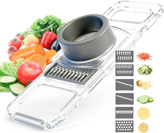 6-in-1 Mandoline Slicer for Kitchen - Easy to Use Vegetable Chopper & Compact Julienne Slicer with Safe Guard & Crystal Clear Body - Handheld Food Slicer Cutter for Healthy Salad, Potato, Onion