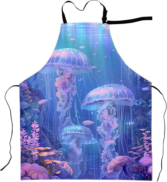 Jellyfish Ocean Apron Dreamy Deep Sea Fantasy Aprons Waterproof Oxford Polyester Adjustable Pockets Design for Cooking, Crafting, Garden Decor, for Adults, 28x33 Inch