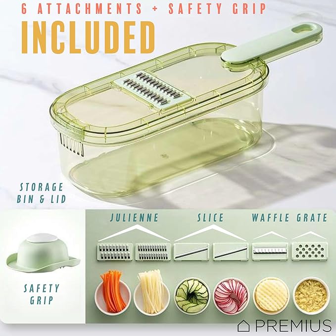 6-In-1 Mandoline Slicer with Storage Bin & Handle By PREMIUS, Plastic Container Bin With Stainless Steel Blades, Includes: 6 Blades, Waffle Cut, Julienne, Slices, Safety Grip, Green-Clear, 1.5 Quarts
