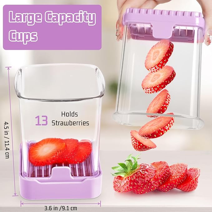Fruit Slicer Cup for Strawberry, Banana, Hard-Boiled Egg - Detachable Cutter with Push Plate - Rapid & Safe Slicing Kitchen Gadget for Quick Meal Prep (Purple)
