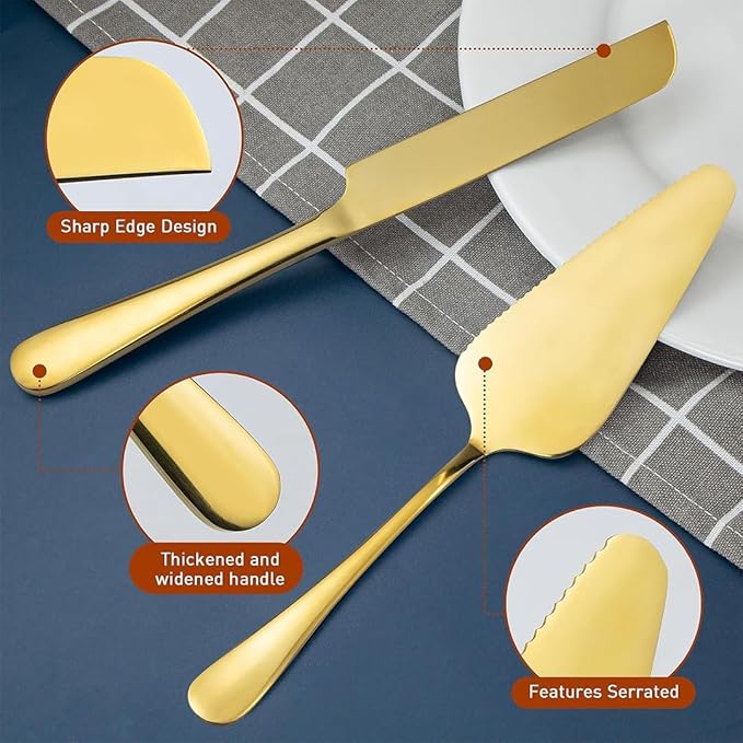 PAXNOK Pie Server and Cake Server Stainless Steel Set - Serrated Spatula with Elegant Ergonomic Handles for Cutting and Serving Desserts, Brownies, Lasagna (Gold)