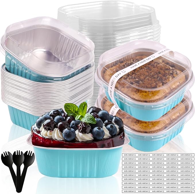BZIDII 10oz Mini Cake Pans With Lids 50 Pack Aluminum Foil Square Brownie Baking Cups,4”x4” Disposable Loaf Pans With Lids and Spoons Stickers,Large Cupcake Pans Muffin Cake Tins Cake Container(Blue)