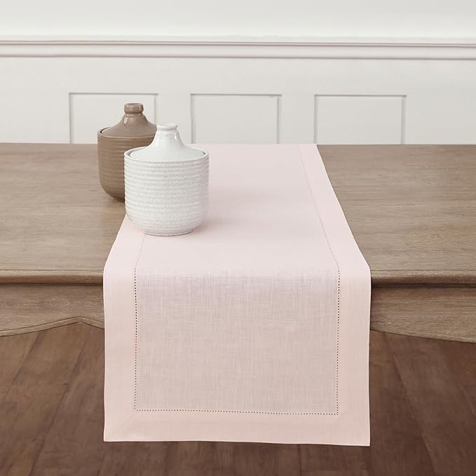 Solino Home Linen Pink Table Runner 108 Inches Long - 100% Pure Linen 14 x 108 Inch Table Runner for Valentines, Spring, Easter - Classic Hemstitch