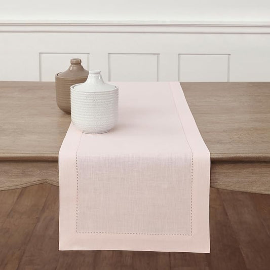 Solino Home Linen Pink Table Runner 60 Inches - Classic Hemstitch, 100% Pure Linen Coffee Table Runner 14 x 60 Inch Ideal for Dresser Tables - Valentines, Spring, Easter