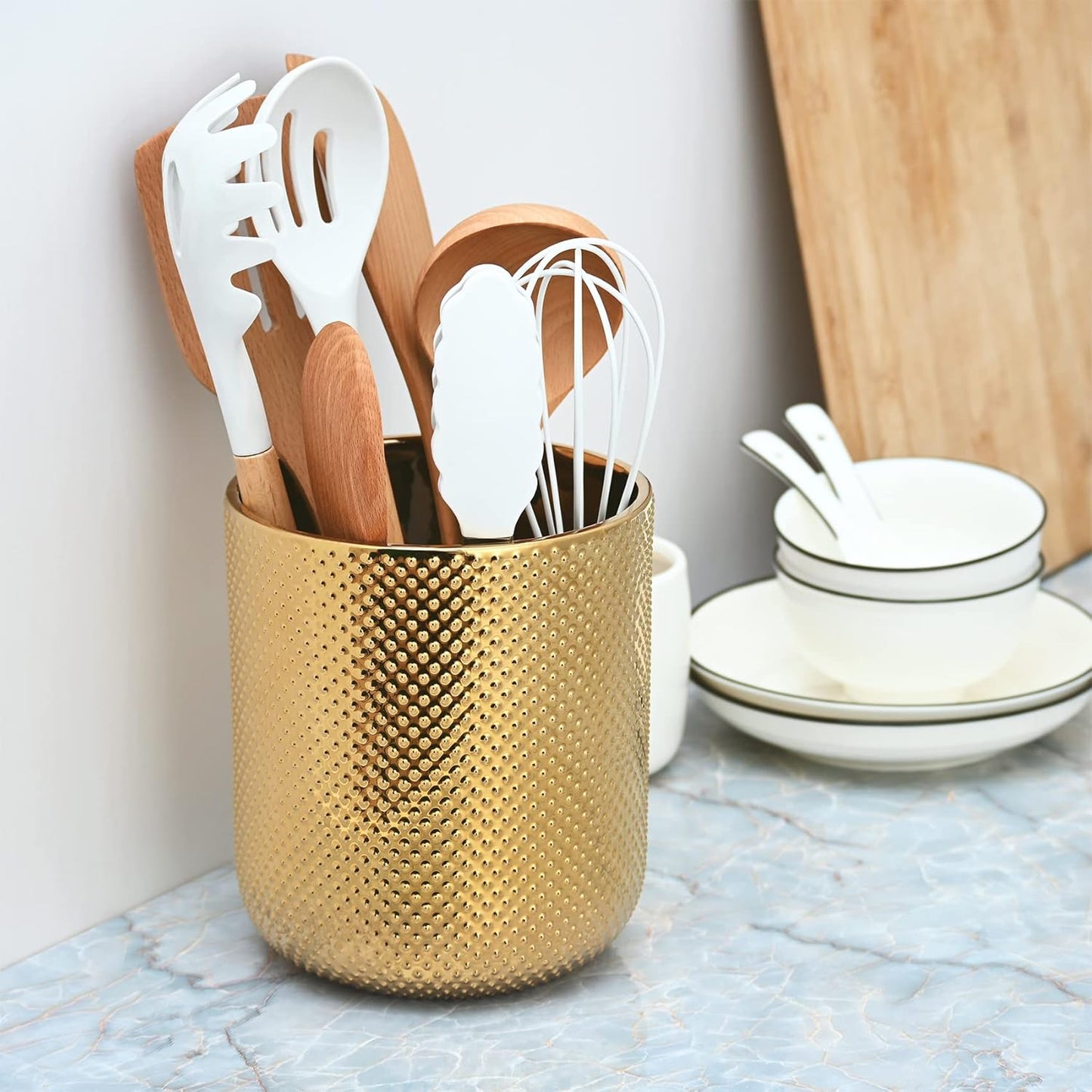 Ceramic Utensil Holder for Kitchen Counter, Gold Utensil Holder for Countertop, 5.1 W x 6.6 H inches