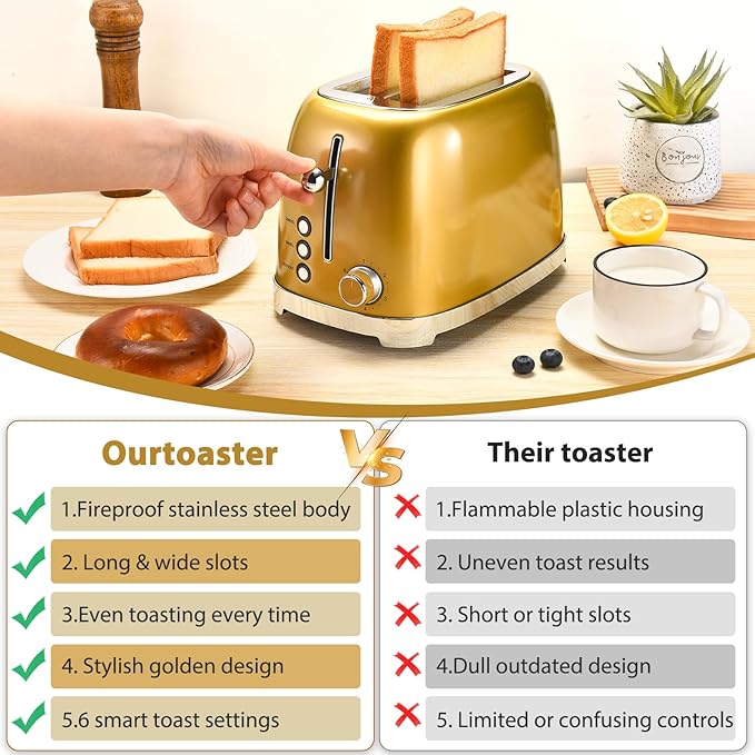 Mouqat Gold 2 Slice Toaster, Wide Slot Stainless Steel, 6 Shade Settings, Bagel, Defrost & Cancel Functions, Removable Crumb Tray, Different Toast Sizes, Cord Wrap, 825w