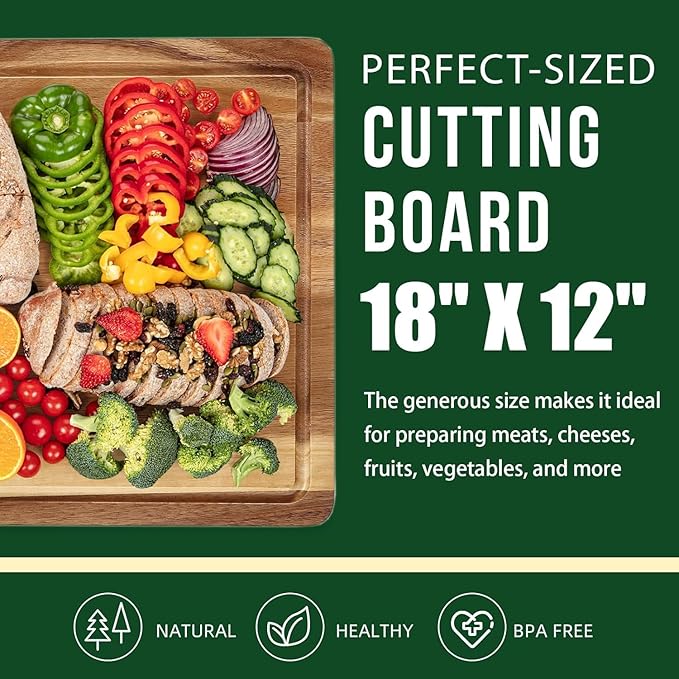 DYTesa Cutting Board, 18 Inch Large Acacia Wood Cutting Board 1" Thick, Durable Wood Cutting Boards for Kitchen with Deep Juice Grooves & Built-in Handles, Easy to Clean