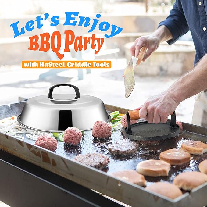 12In Cheese Melting Dome & 7In Cast Iron Grill Press, HaSteeL Stainless Steel Basting Cover with Heavy Duty Burger Bacon Press, Griddle Accessories for Teppanyaki Flat Top Stovetop Indoor & Outdoor