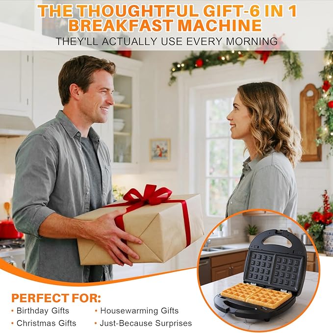 6 in 1 Waffle Maker With Removable Plates,Breakfast Sandwich Maker,Panini Press Grill Mini Donut Maker Machine with 5-Gear Temperature Control for Cooking Steaks Burgers,Grilled,Cheese
