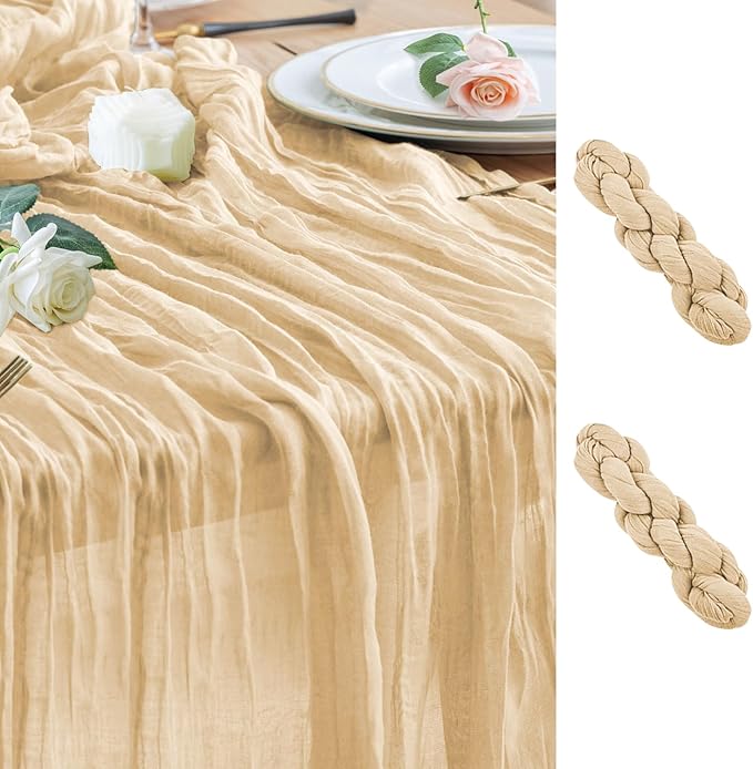 Wokceer Cheesecloth Table Runner 2Pack 10FT Sand Boho Christmas Gauze Cheese Cloth Table Runner for Party Easter Rustic Sheer Table Runners for Baby Bridal Shower Wedding Table Decor