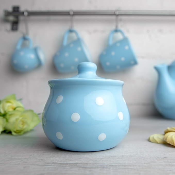 City to Cottage Ceramic Sugar Bowl with Lid, 10oz Contanier for Coffee Bar, Sugar Dispenser Bowl, Salt - Condiment Pot for Kitchen Counter, Handcrafted Sky, Baby Blue Polka Dot Sugar Jar