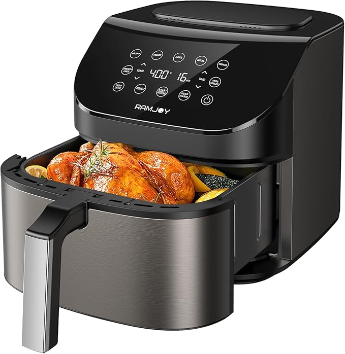 RAMJOY Air Fryer 6.8 Quarts, 10-in-1 Functions, Air Fry, Roast, Bake, Broil, Dehydrate, Large & Compact Air Fryers, Nonstick & Dishwasher-Safe Airfryer Basket, Stainless Steel Air Fryer, Metal Grey