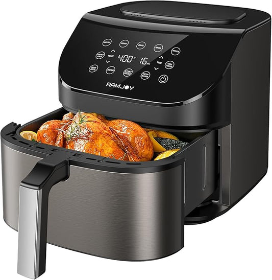 RAMJOY Air Fryer 6.8 Quarts, 10-in-1 Functions, Air Fry, Roast, Bake, Broil, Dehydrate, Large & Compact Air Fryers, Nonstick & Dishwasher-Safe Airfryer Basket, Stainless Steel Air Fryer, Metal Grey