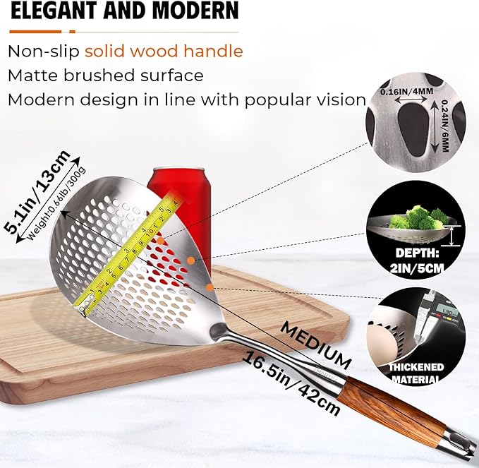 MARTE 16.5in 304 Stainless Steel Skimmer Slotted Spoon - Pasta Spider Strainer Ladle for Cooking and Frying - Kitchen Metal Scoop Colander With Heat Resistant Wooden Handle