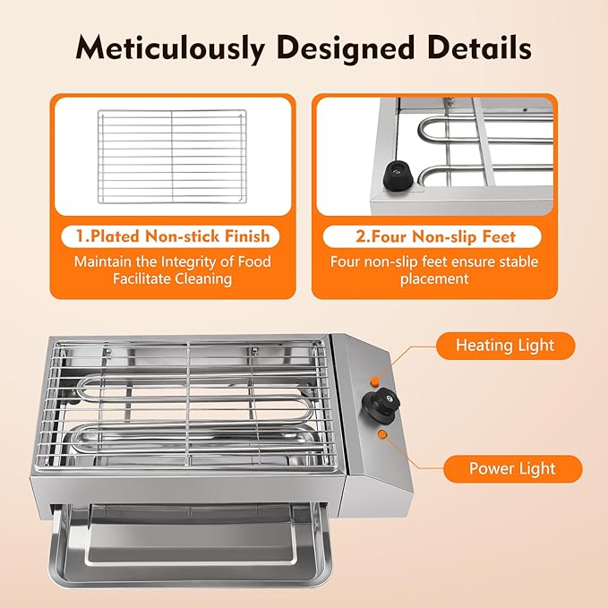 Smokeless Electric Indoor Grill, 1800W Countertop Electric BBQ Grill with Adjustable Temperature 122°F-302°F, Commercial Stainless Steel Barbecue Griddle for Restaurant, Camping, or Party Use
