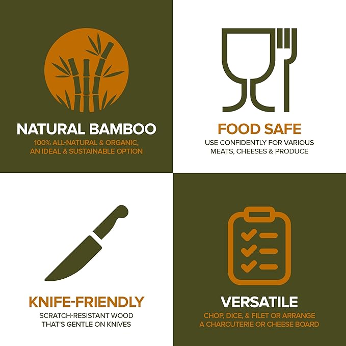 Wood Cutting Boards for Kitchen Counter – Organic Bamboo Cutting Board Set with Stick-On Grips (3 Pack), Thick Non-Slip Wooden Chopping Boards for Meat, Cheese, Produce & Serving