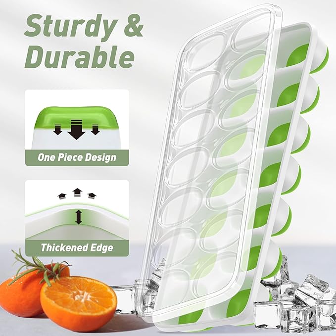 Ice Cube Tray with Lid, 4 Packs 56 Cubes Durable Stackable Ice Cube Trays for Freezer with Removable Lids, Easy-Release Plastic & Silicone Ice Tray for Cocktail, Coffee，blue and green
