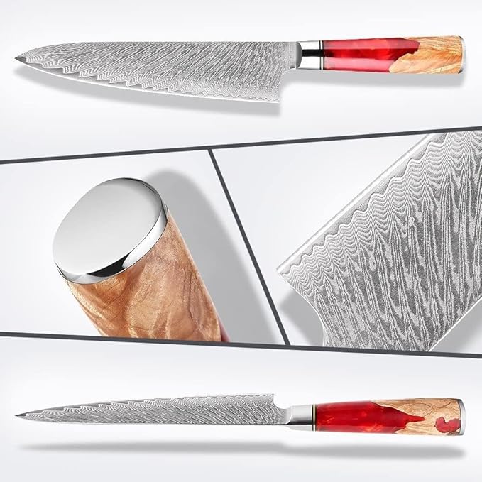 Epicurean Cook Damascus Kitchen Knife Set with VG10 Steel - 8-Piece Japanese Damascus Knife Set for Professional Performance - Ultra Sharp Chef Knives with Burl Wood Red Resin Handles