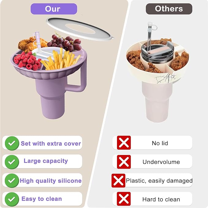 Stanley Snack Tray with Lid and Straw Covers Cap，Compatible with Stanley Cup 40 oz, Stanley Cup Accessories for Car Cup Holder, Home, Party,Outdoor，Silicone Snack Bowl Purple