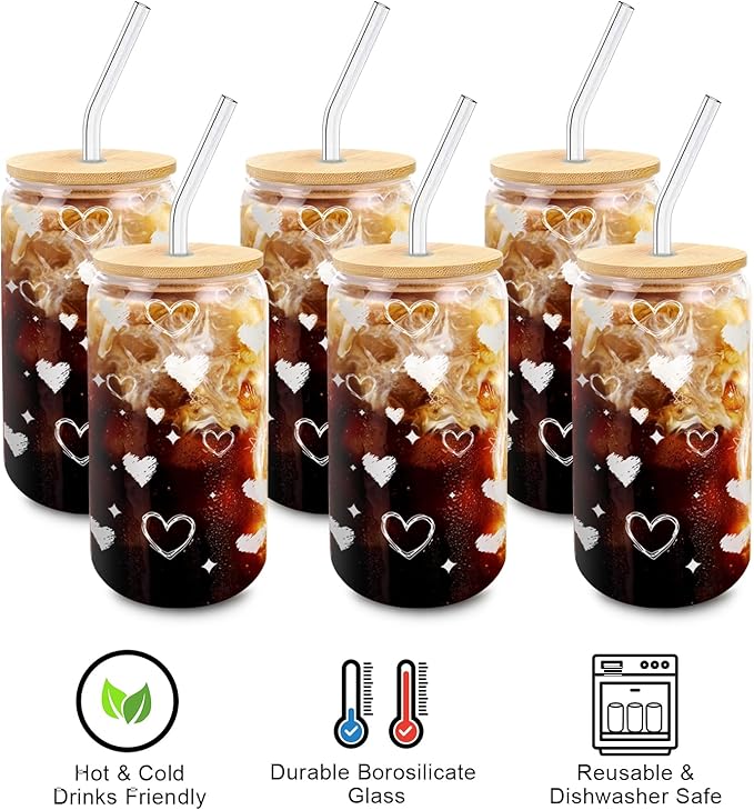 Glass Cups with Lids and Straws – 16oz Iced Coffee Tumblers, Heart Glass Cup Set of 6 for Cold Drinks, Brunch, Girls Night, Gift Use