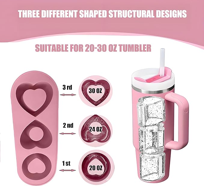 Valentine's Day Ice Cube Tray for Stanley Cup 20 30 40 OZ Heart Shape Silicone Ice Cube Tray with Lid, Stanley Cup Accessories Ice Mold for Owala Water Bottle Tumbler Ice Mold (20-30 OZ, Pink)