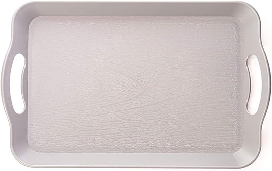Handled Cafeteria Tray - 14" x 9" Rectangular Wood Grain Textured Plastic Food Serving TV Tray - Great for Restaurant Buffets, Diners, School Lunch, Cafe Commercial Kitchen and More (Grey)