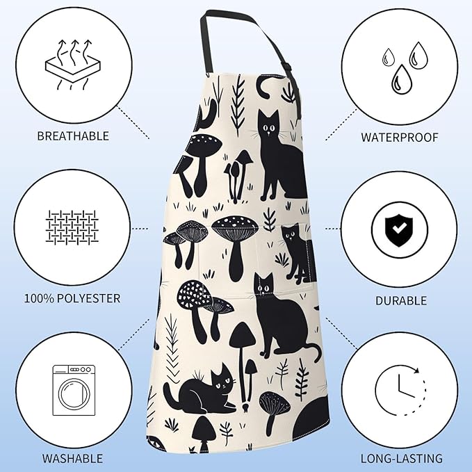 Black Cat Apron for Women with Mushroom,28x33in,Cute Kitten Kitchen Aprons with 2 Pockets,Oxford Fabric,Stylish Adjustable Apron for Cooking Baking Gardening Chef,Gifts for Mom Wife