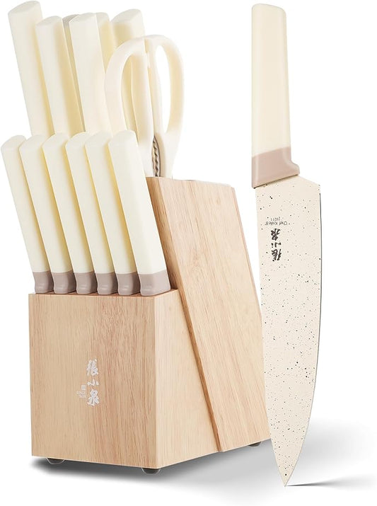 15Pcs Knife Set with Block, High Carbon Stainless Steel Kitchen Knife Set with Ceramic-Coated Blade, Sharp and Durable, Hundreds of Years of Masterful(Cream)