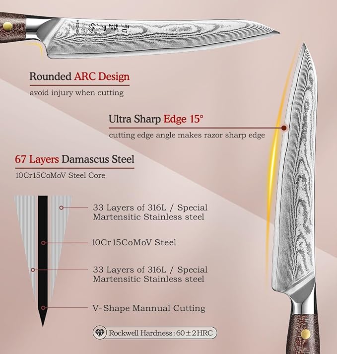 HEZHEN Carving Knife, 67 Layers Damascus Steel BBQ Slicing, 8.3 Inches, Professional Brisket Slicing Meat Knife, Ergonomic Micarta Handle, Gift Packing