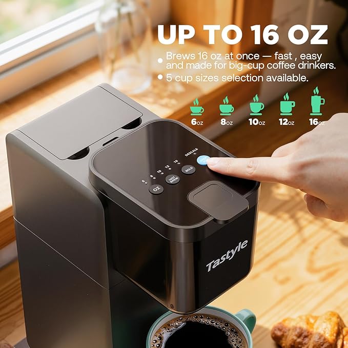 Tastyle Single Serve Coffee Maker Hot and Iced with Bold Brew, Small Coffee Machine for K Cup and Ground, Fits 7.3'' Travel Mug, Brews up to 16 Oz, 5 Cup Sizes, Compact for Office, RV& Hotel, Black