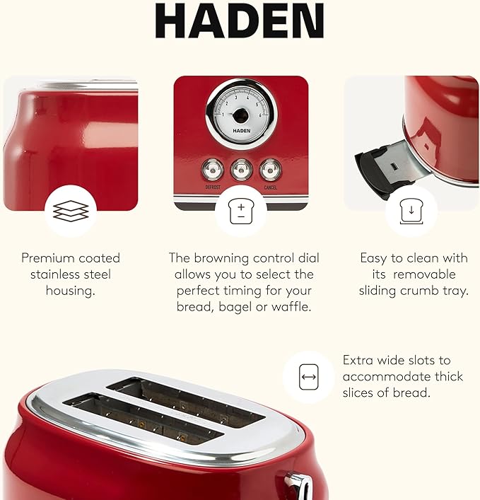 Haden Dorset 2 Slice Wide Slot Stainless Steel Toaster with Adjustable Browning Control & Non-Slip Feet, Rectory Red