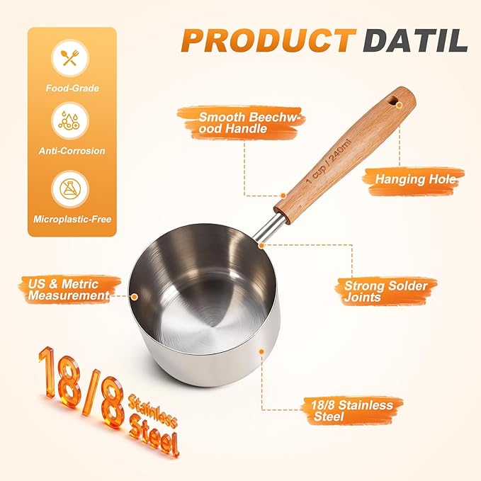 2PCS 1/2Cup(120ml | 4oz) Dog Cat Food Scoop, 18/8(304) Stainless Steel Measuring Cup with Wooden Handle, Etched Measurements Inside, BPA Free Portion Control for Pets & Kitchen Use