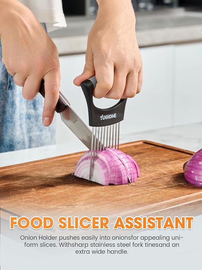 Onion Slicer Holder, Stainless Steel Onion Holder for Slicing, Tomato Slicer Vegetable Chopper Tool for Lemon Avocado, Food Slicer Assistant Tool for Fruit, Meat Tenderizer, Food Slicing Guide