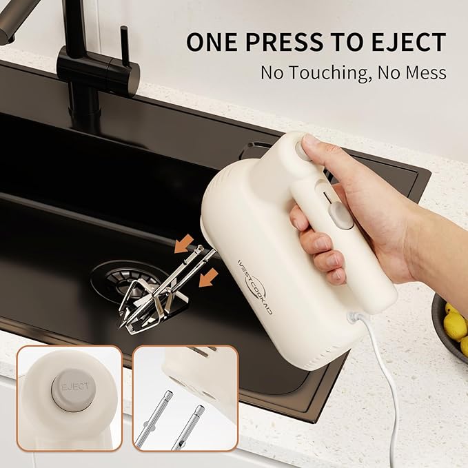 Hand Mixer, 5-Speed Mixer Electric Handheld with Turbo Ultra Power, 4 Stainless Steel Accessories Whipping Egg Cream, Small Hand Mixer for Baking Cake, Christmas Gifts for Women (White)