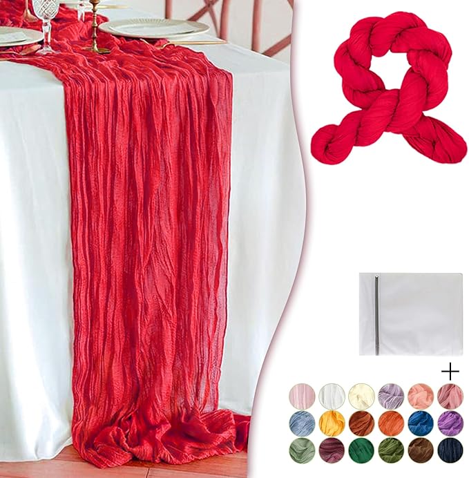 Red Cheesecloth Table Runner 1 Pack 35" Boho Gauze 120 inches Long Runner Rustic Sheer Fabric Bulk for Baby Shower Wedding Bridal Birthday Party Picnic Table Decorations